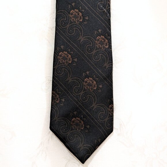 SOLD Vintage Floral Silk Black Tie Classic Width Stripe Paisley Gothic Wedding - Picture 1 of 4